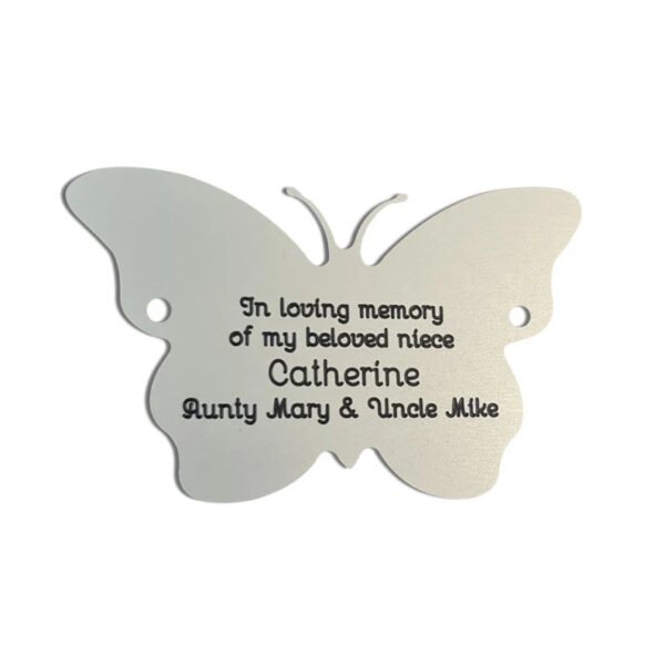 2" (h) x 3.25" (w) butterfly shape satin silver aluminium engraved nameplate - Cornish Custom Creations