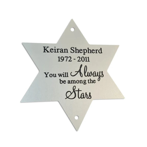 4" (h) x 3.5" (w) star shape satin silver aluminium engraved nameplate - Cornish Custom Creations