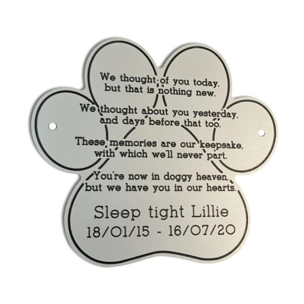 4" (w) x 3.7" (h) paw shape satin silver aluminium engraved nameplate - Cornish Custom Creations