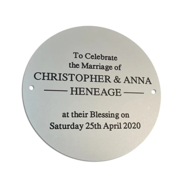 8" circular satin silver aluminium engraved nameplate - Cornish Custom Creations