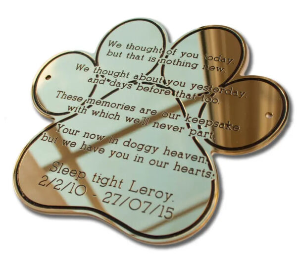 8" paw print shape solid brass engraved nameplate, pet memorial - Cornish Custom Creations