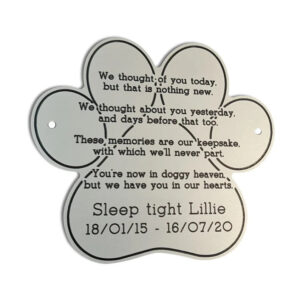 8" (w) x 7.4" (h) paw shape satin silver aluminium engraved nameplate - Cornish Custom Creations