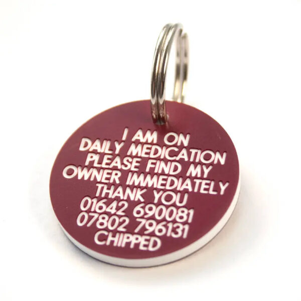 Deeply engraved 3mm thick plastic dog tag, 39mm Round - Cornish Custom Creations