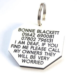 Deeply engraved 3mm thick plastic dog tag, 41mm Octagonal - Cornish Custom Creations