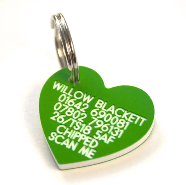 Deeply engraved 3mm thick plastic dog tag, 41x38mm Heart - Cornish Custom Creations