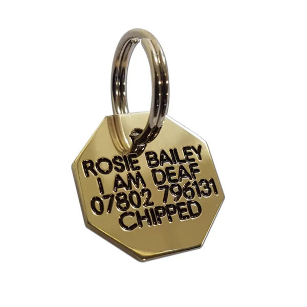 Deeply engraved solid brass dog tag, 20mm Octagonal - Cornish Custom Creations