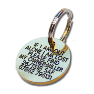 Deeply engraved solid brass dog tag, 27mm Round - Cornish Custom Creations