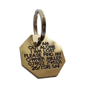 Deeply engraved solid brass dog tag, 28mm Octagonal - Cornish Custom Creations