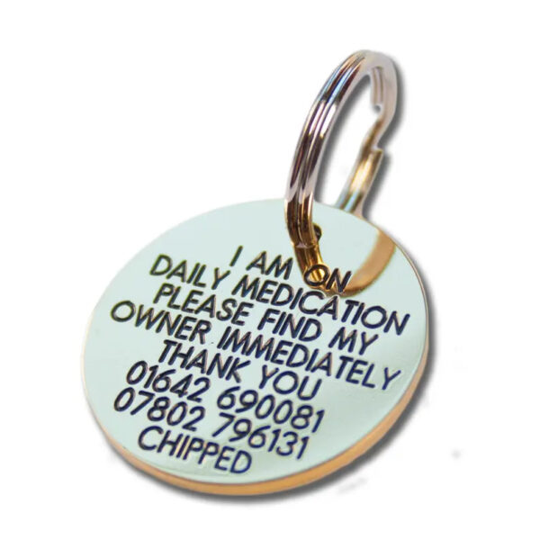 Deeply engraved solid brass dog tag, 33mm Round - Cornish Custom Creations