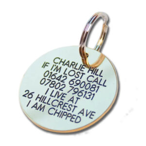 Deeply engraved solid brass dog tag, 39mm Round - Cornish Custom Creations