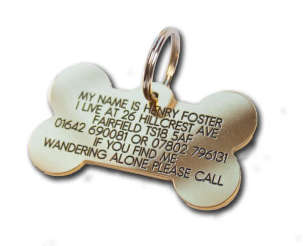 Deeply engraved solid brass dog tag, 58x33mm Bone - Cornish Custom Creations