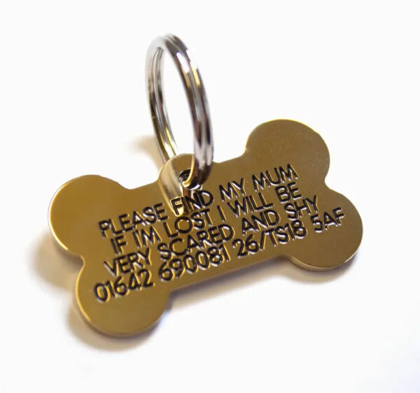 Deeply engraved solid brass dog tag, small 39x22mm Bone - Cornish Custom Creations