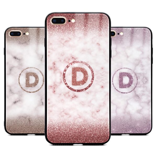 Glitter Marble with Round Initial - iPhone Glass Phone Case - Cornish Custom Creations