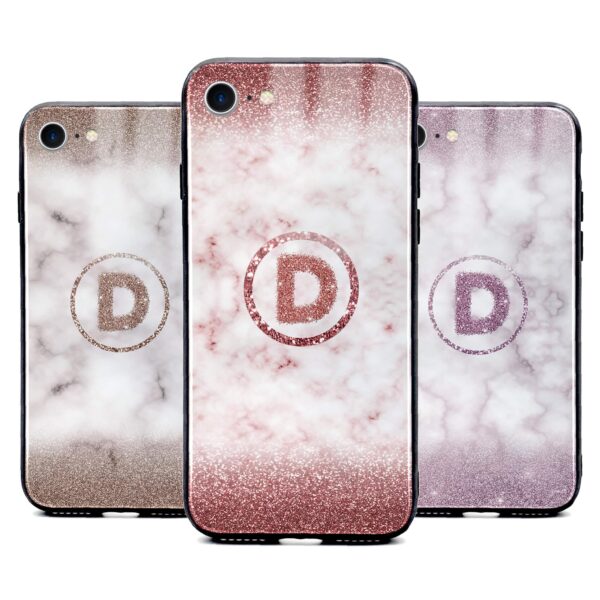 Glitter Marble with Round Initial - iPhone Glass Phone Case - Cornish Custom Creations