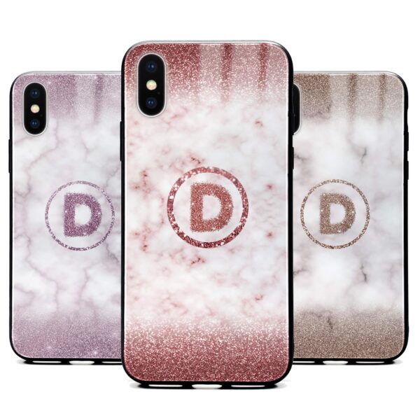 Glitter Marble with Round Initial - iPhone Glass Phone Case - Cornish Custom Creations