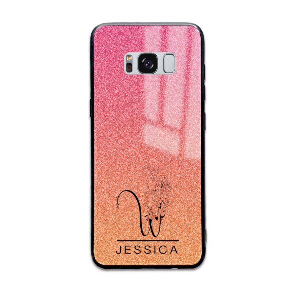 Glitter Ombre Floral Initial and Name - Galaxy Glass Phone Case - Cornish Custom Creations