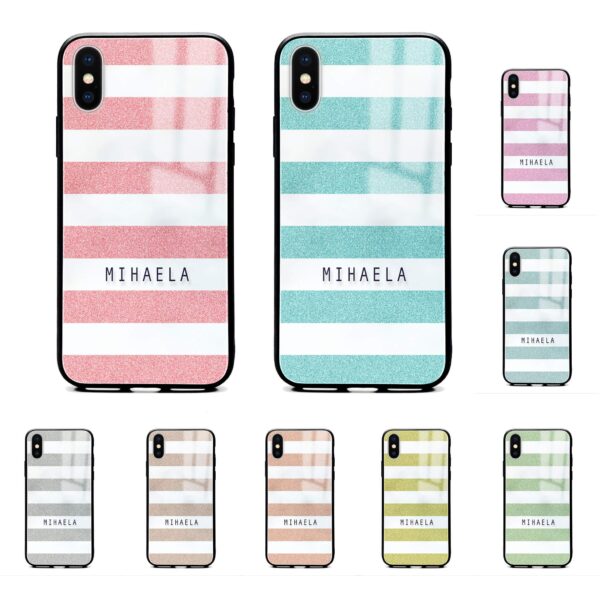 Glitter Stripes - iPhone Name Glass Phone Case - Cornish Custom Creations