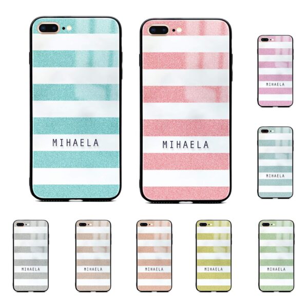 Glitter Stripes - iPhone Name Glass Phone Case - Cornish Custom Creations