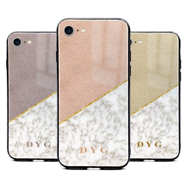 Gold Marble & Glitter with Initials - iPhone Glass Phone Case - Cornish Custom Creations