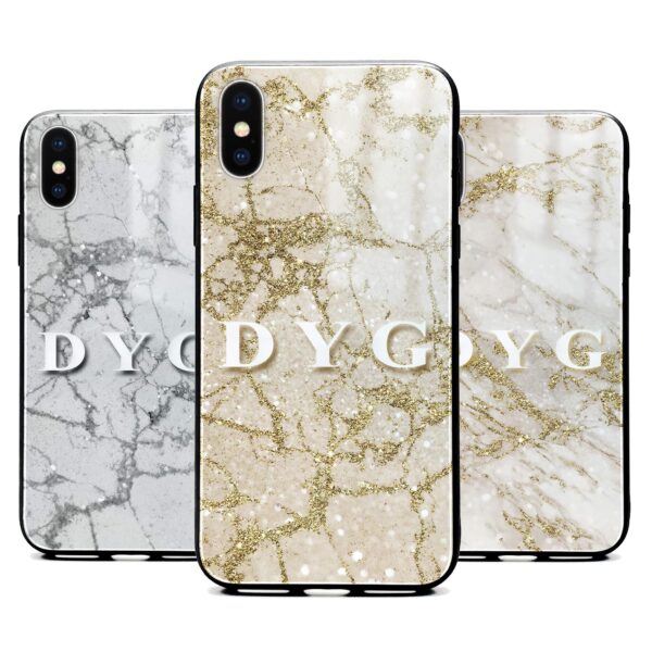 Pearl Marble With Initials - iPhone Glass Phone Case - Cornish Custom Creations