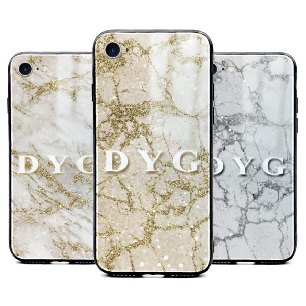 Pearl Marble With Initials - iPhone Glass Phone Case - Cornish Custom Creations