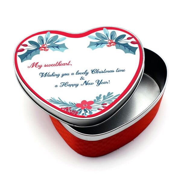 Personalised Christmas Tin - Heart shaped | Wreath Design With Text - Cornish Custom Creations
