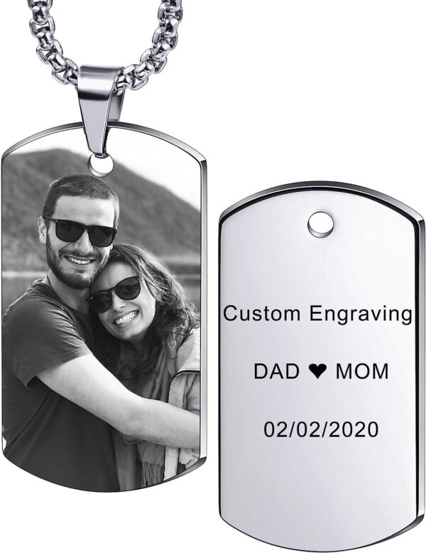 Personalised Dog Tag Pendant Necklace Engraving Text/Black & White Picture for Men Women Memorial Stainless Steel/Tungsten Jewelry Bundle with Adjustable Chain, Keychain, Silencer