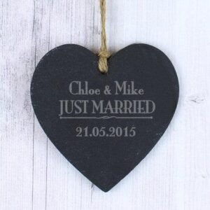 Personalised Just Married... Small Slate Heart Decoration - Engrave Express