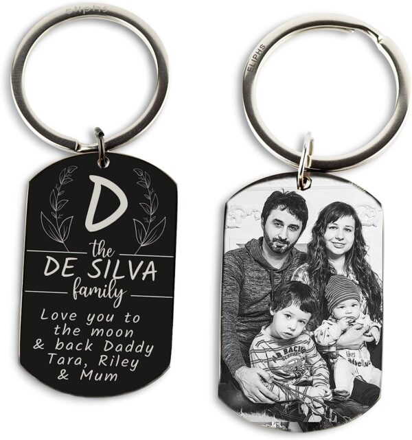 Personalised Photo Engraved Christmas Valentines Mothers Day Father’s Day gift Keyring text message for Dag Dad keepsake in a gift box for Men memorial Stainless steel tag