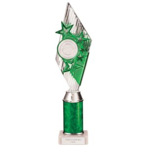 Pizzazz Plastic Tube Trophy Silver & Green - Cornish Custom Creations