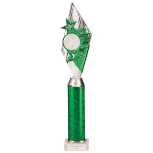 Pizzazz Plastic Tube Trophy Silver & Green - Cornish Custom Creations