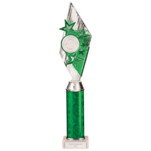 Pizzazz Plastic Tube Trophy Silver & Green - Cornish Custom Creations