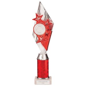 Pizzazz Plastic Tube Trophy Silver & Red - Cornish Custom Creations