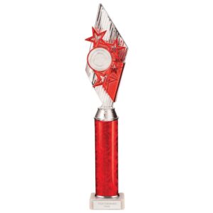 Pizzazz Plastic Tube Trophy Silver & Red - Cornish Custom Creations