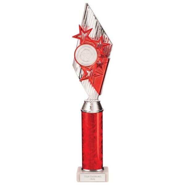 Pizzazz Plastic Tube Trophy Silver & Red - Cornish Custom Creations