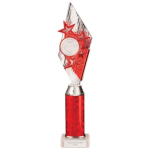 Pizzazz Plastic Tube Trophy Silver & Red - Cornish Custom Creations