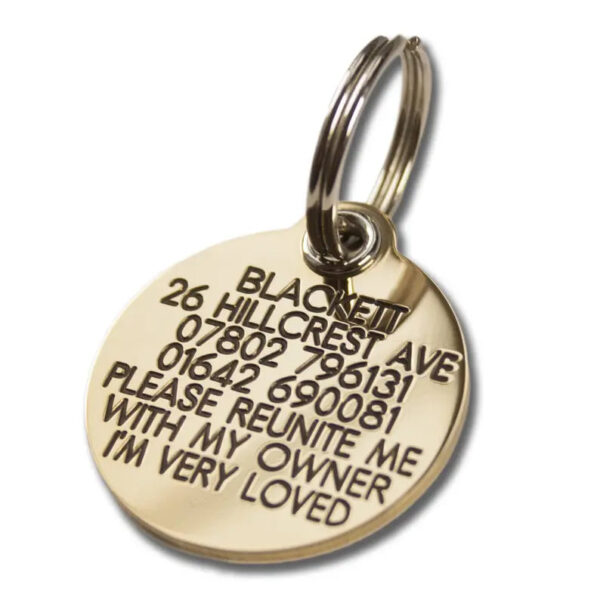 REINFORCED Deeply engraved solid brass dog tag, 33mm round - Cornish Custom Creations