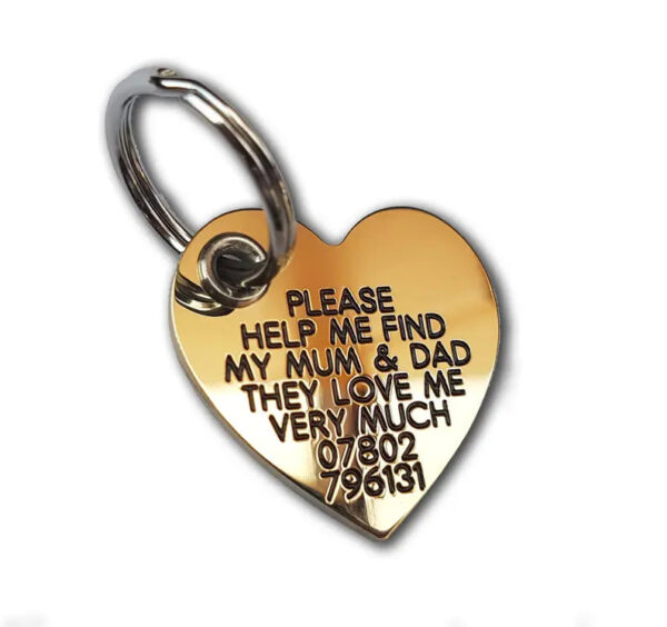 REINFORCED Deeply engraved solid brass dog tag, 33x31mm heart - Cornish Custom Creations