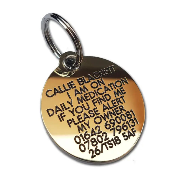 REINFORCED Deeply engraved solid brass dog tag, 39mm round - Cornish Custom Creations