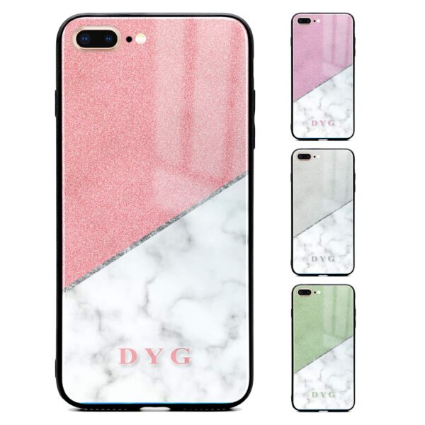 White Marble & Glitter with Initials - iPhone Glass Phone Case - Cornish Custom Creations