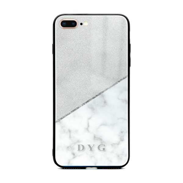 White Marble & Glitter with Initials - iPhone Glass Phone Case - Cornish Custom Creations